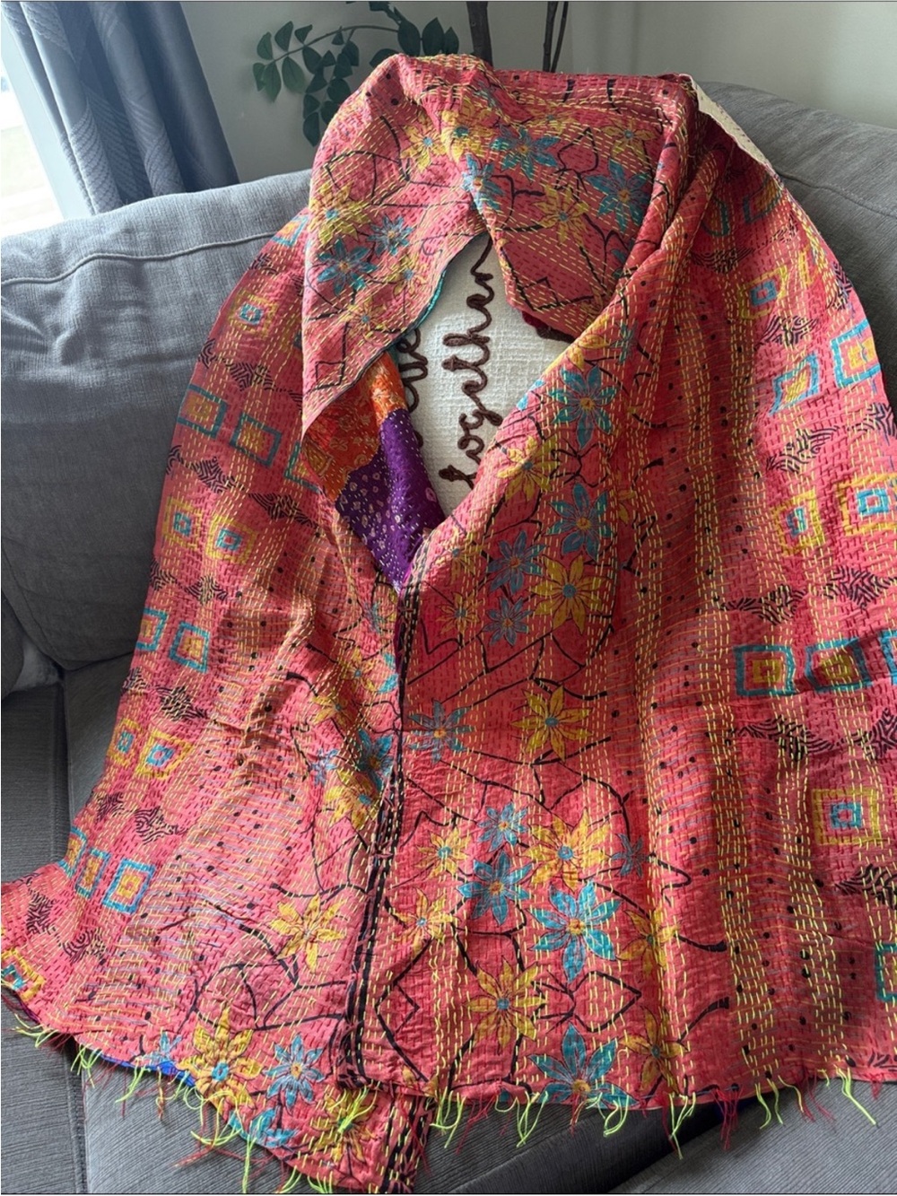 Handmade Multicolor Patchwork Kantha silk scarf NWOT - Picture 3 of 4